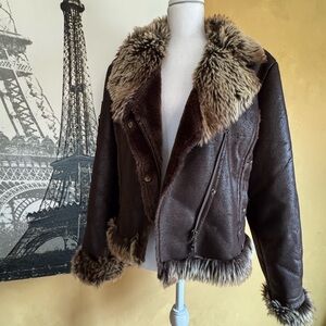 Giacca Brown Faux Shearling Trim Moto Jacket XL